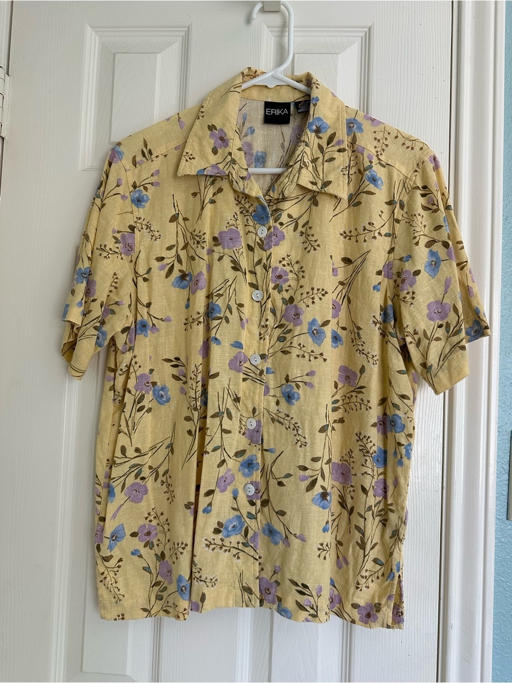 Vintage Erika Linen Blend Short Sleeve Yellow Floral Button Down Shirt Size L